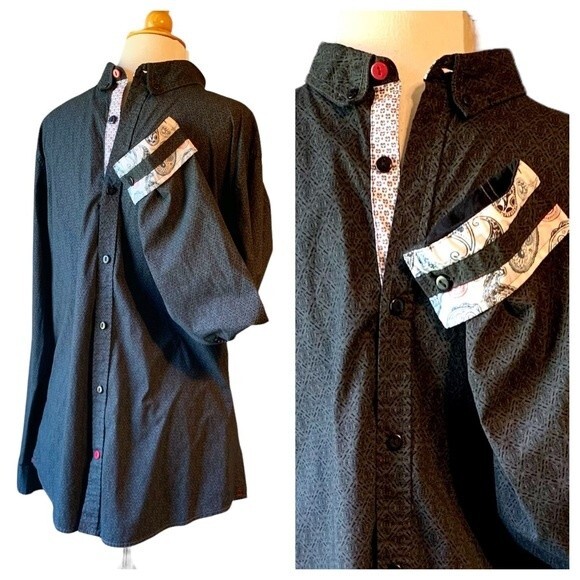 Tranquility Mayhem Mens Black Paisley Button Down Statement Cuff Shirt - XL - Picture 4 of 10